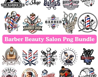 May include: A selection of barber shop logos and designs. The logos feature barber poles, scissors, and text such as "Barber Shop" and "Haircuts and Shaves." The image includes a pink banner that reads "Barber Beauty Salon Png Bundle."