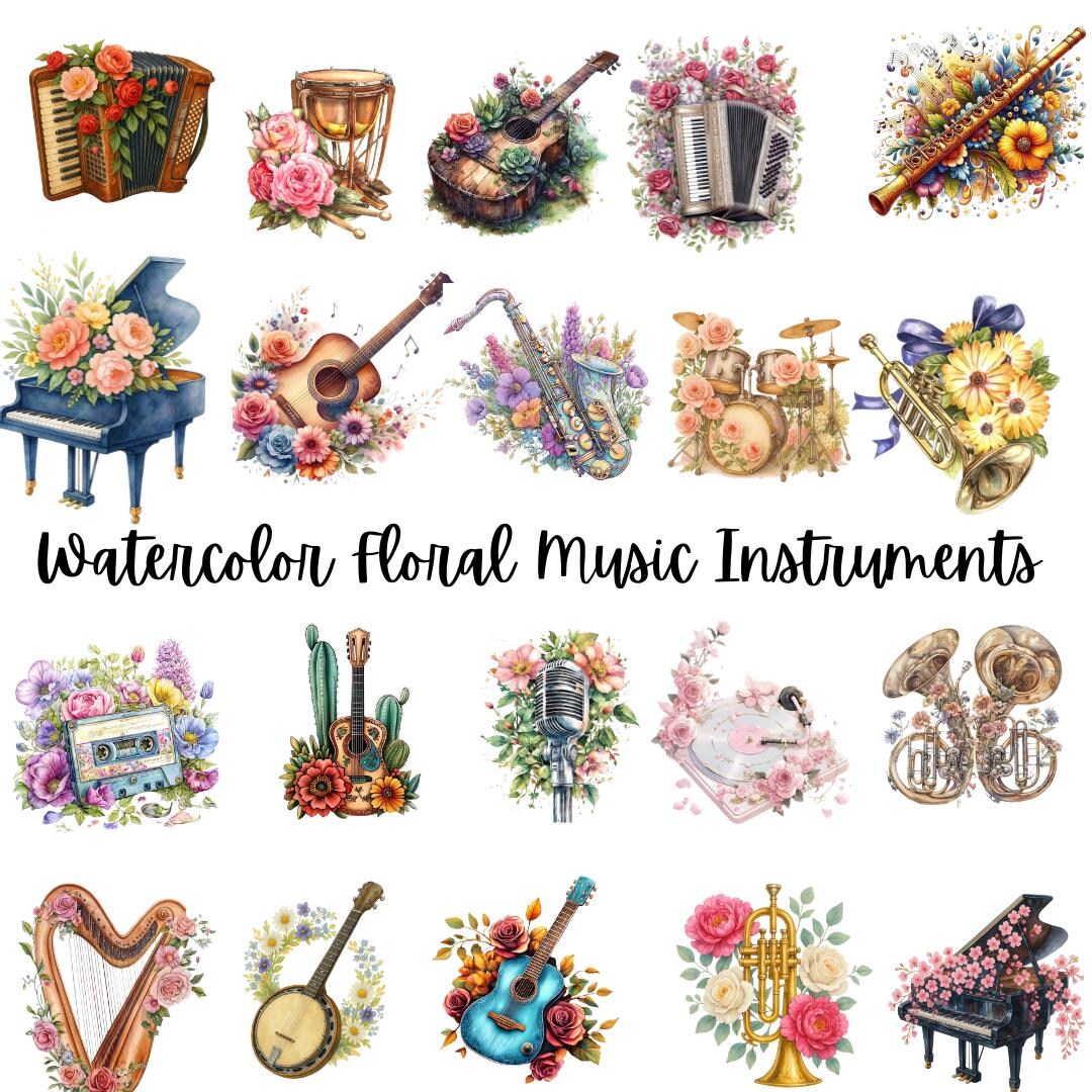 Watercolor Floral Music Instruments PNG Clipart Bundle Digital Download ...