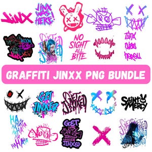 May include: A collection of graffiti-style PNG images featuring the word "JINX" and related designs. The images include text, cartoon faces, and other graphic elements in vibrant colors like pink, blue, and purple. The text "GRAFFITI JINXX PNG BUNDLE" is also present.