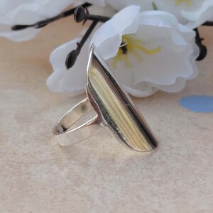 Könnte beinhalten: Ein silberfarbener Ring mit einem langen, spitzen Design. Der Ring hat ein schlichtes, glattes Band, das zu einer großen, länglichen, polierten Oberfläche führt. Der Ring ist vor einem weichen, neutralen Hintergrund mit weißen Blumen platziert.
