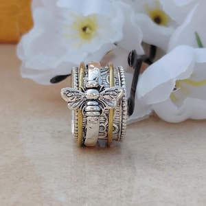 Bee Spinner Ring – Two Tone Meditation Ring – Silver Gold Honeybee Ring – Boho Spinner Band – Anxiety Fidget Ring – Nature Inspired Jewelry