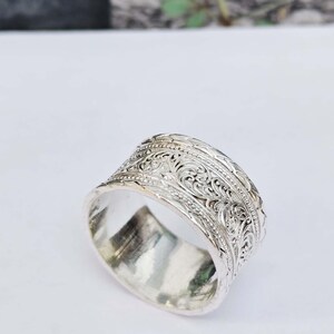 925 Sterling Silver Wide Band Ring, Vintage Engraved Ring, Boho Statement Ring, Floral Filigree Band, Unisex Silver Jewelry......