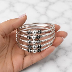 Elegant Silver Ball Bangles Set | Handmade Sterling Silver Stack Bracelets | Minimalist Silver Bracelet for Women