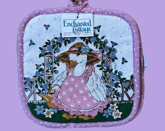 Conjunto de pegadores de panela vintage estilo cottagecore com ganso – Novo com etiqueta, anos 80, Enchanted Cottage