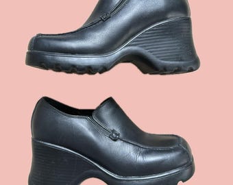 Vintage ALDO Black Platform Loafers Size 36 – Chunky Wedge Slip On