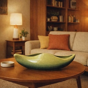 May include: A living room with a mid-century modern aesthetic. A round wooden coffee table holds a large, green, oblong ceramic bowl. A small, white ashtray is also on the table. A sofa with orange and yellow cushions is in the background.