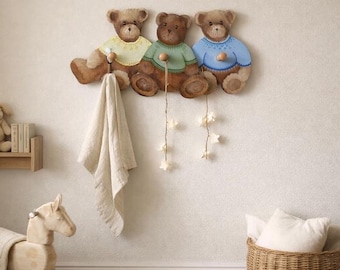 Suporte de parede vintage com ursinhos de pelúcia pintados à mão – decoração infantil estilo Ralph Lauren