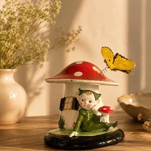 Vintage Whimsical Mushroom Coin Bank with Elf – Japan Ceramic