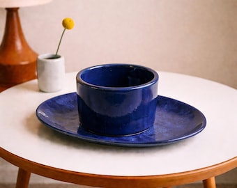 Juego de plato y cuenco Beauceware Canada Blue Glaze – Cerámica vintage de mediados de siglo