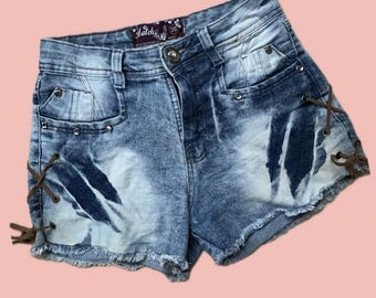 Vintage Matchy Griff Lace-Up Denim Shorts Brazil 36 Small Y2K