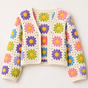 May include: A cream-coloured, open-front crochet cardigan with daisy squares in various colours. The daisies have yellow centres and petals in pink, purple, green, and blue. The sleeves are long, and the cardigan is a cropped length.