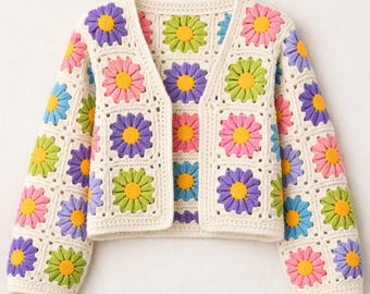 Cardigan carré rétro grand-mère marguerite | Pull en patchwork floral bohème PDF | Cadeau vintage au crochet