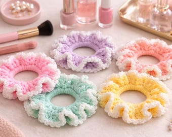Ręcznie robiona na szydełku gumka do włosów z falbanką, różowo-biała gumka do włosów, miękki elastyczny dodatek | prezent dla dziewczynek