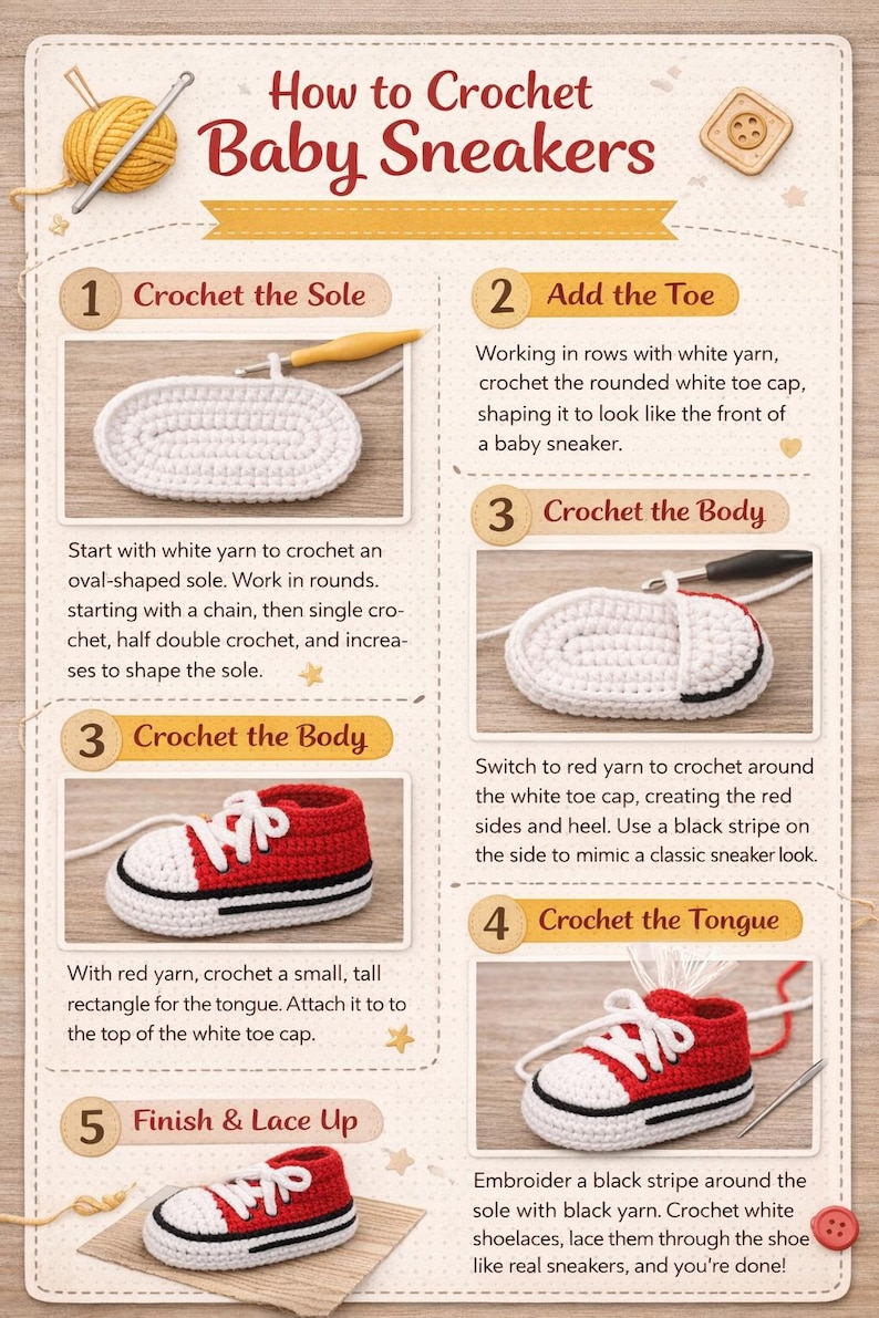 Op de afbeelding: Stapsgewijze handleiding voor het haken van babysneakers. De instructies omvatten het haken van de zool, de teen, het lichaam, de tong en het rijgen. De sneakers zijn rood, wit en zwart en lijken op klassieke sneakers. De tekst luidt "How to Crochet Baby Sneakers".
