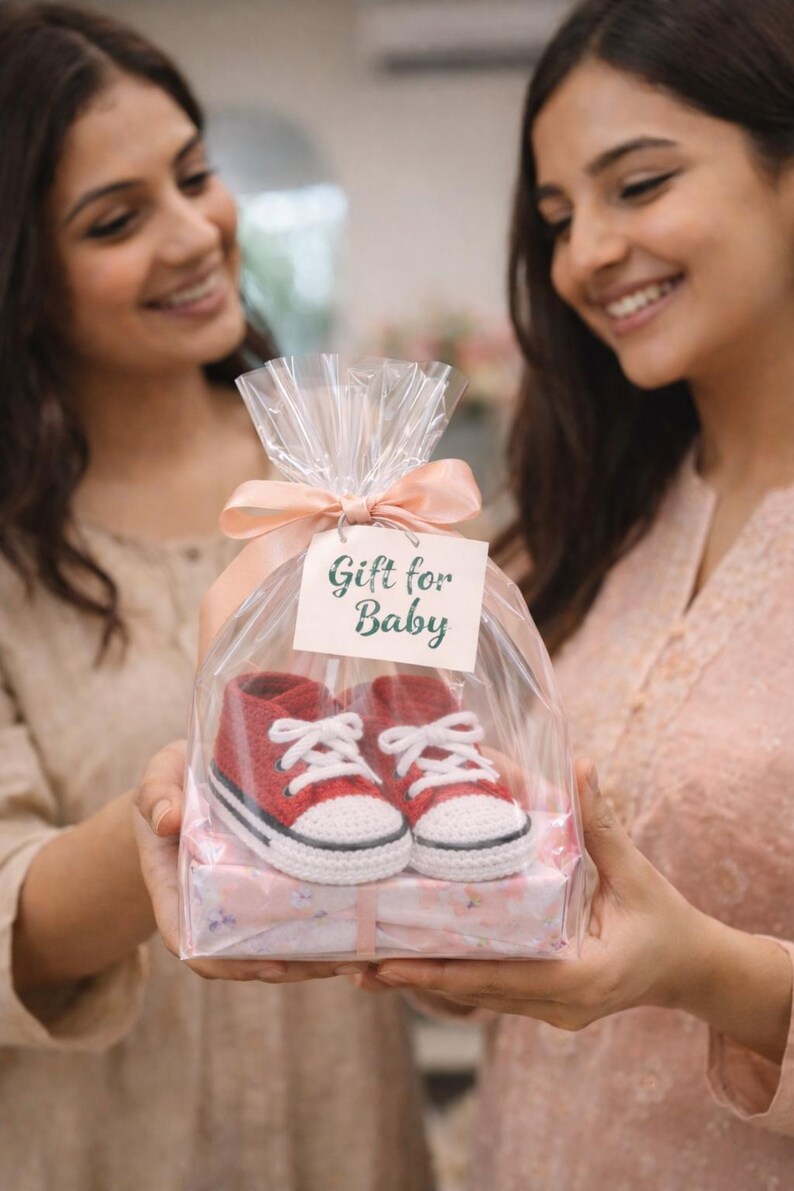 Op de afbeelding: Een paar rode en witte babysneakers, gepresenteerd als cadeau. De schoenen zitten in een doorzichtige cellofaan zak, vastgebonden met een roze lint en een label met de tekst "Gift for Baby". De schoenen staan op een roze doos met patroon.
