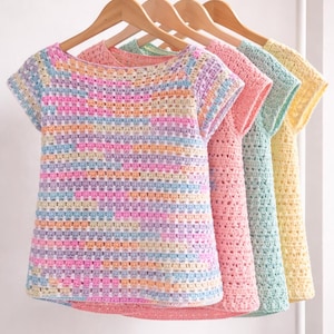 Modello senza cuciture per top estivo raglan all'uncinetto - Maglietta con scollo a barca e punto nonna per principianti (download PDF)