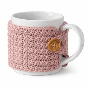 Puede incluir: Una taza de cerámica blanca con una funda de punto rosa claro. La funda se asegura con un botón de madera. La taza tiene un asa curva y está sobre un fondo blanco. La funda parece estar tejida a mano.