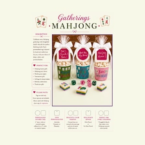 May include: A promotional flyer for Mahjong party favors featuring three clear plastic cups filled with popcorn, each topped with a white ribbon and a personalized tag. The tags display text including Dot! Crack! Bam!, Just One More Game!, and Mahjong Mama!.