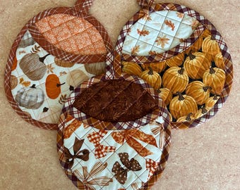 Autumn, Pumpkins, Orange, Bows, Pocket potholders, quilted, with heat insulation, hand made