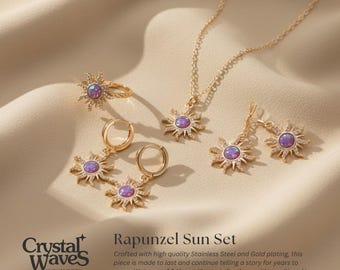 Conjunto de joyas de Rapunzel Sun: collar Fidget, pulsera de sol y anillo de princesa. Joyas enredadas inspiradas en la Princesa Perdida.