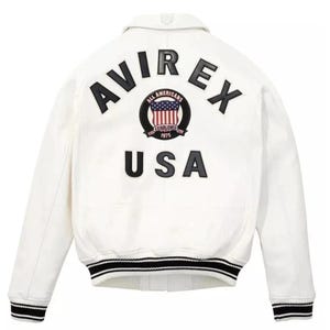 Men Avirex White Real Bomber American Flight Jacket Leather Jacket for Men Gift, Avirex Cafe Racer Leather Biker Jacket,