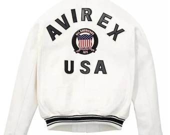 Avirex White Leather Bomber Jacket, American Flight USA Style, Zavia Leather