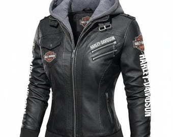 Women’s H-D Motorcycle Handmade Hooded Biker Jacket – Genuine Cowhide Leather Riding Jacket