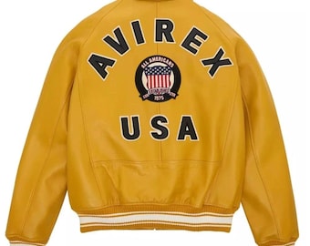 Avirex USA Yellow Leather American Flight Bomber Jacket – Established 1975