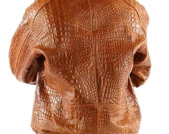 Crocodile Embossed Leather Jacket: Handmade Brown Alligator Texture