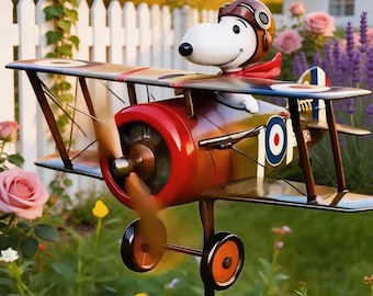 Molino de viento biplano Flying Ace Dog, molino de viento de jardín con forma de piloto Snoopy, decoración de jardín retro con forma de biplano, adorno de molino de viento para césped exterior