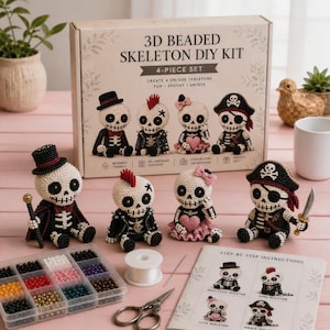 May include: A 3D beaded skeleton DIY kit 4-piece set box with four finished skeleton figures: a gentleman, a punk, a cute character, and a pirate. Includes a plastic bead organizer, white thread, a needle, scissors, and an instruction booklet.