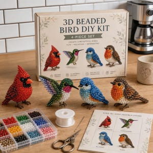 May include: A 3D beaded bird DIY kit featuring a box labeled 3D BEADED BIRD DIY KIT 4-PIECE SET, four finished beaded bird figures in red, green, blue, and brown, a clear plastic bead organizer, a spool of white thread, scissors, and instructions.