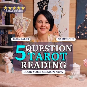 Könnte beinhalten: Eine Werbeanzeige für Tarot-Lesungen mit dem Text 5 QUESTION TAROT READING, 1400+ SALES und SAME HOUR. Das Bild zeigt zwei illustrierte Tarotkarten, eine weiße Vase mit Blumen und einen weißen Behälter mit einem Deckel.