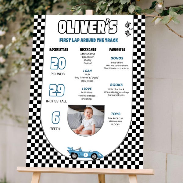 Póster editable para el primer cumpleaños con temática de carreras, cartel con imagen y estadísticas del primer cumpleaños con temática de coches de carreras, tablero para conmemorar la primera vuelta a la pista.
