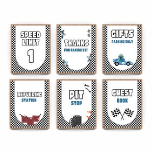 May include: Set of six framed racing-themed signs. Each sign has a white background with black and white checkered borders. Text includes "Speed Limit 1", "Thanks for Racing By!", "Gifts Parking Only", "Refueling Station", "Pit Stop", and "Guest Book".