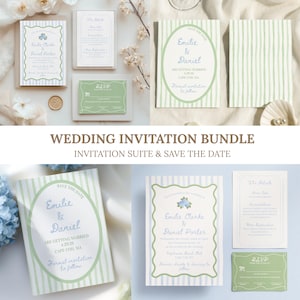 May include: A wedding invitation suite featuring various stationery items. The suite includes invitations, RSVP cards, and save-the-date cards. The designs feature a green and white striped pattern, with elegant fonts and floral accents. The text includes names and wedding details.