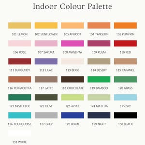 May include: A color palette chart titled MONO&LITH STUDIO Indoor Colour Palette, featuring 31 rectangular color swatches labeled with numbers 101 to 131 and names like Lemon, Sunflower, Apricot, Tangerin, Pumpkin, Rose, Sakura, Magenta, Plum, Red, Burgundy, Lilac, Beige, Desert, Caramel, Terracotta, Latte, Chocolate, Bamboo, Grass, Mistletoe, Olive, Apple, Matcha, Sky, Tourquoise, Grey, Royal, Night, Black, and White.