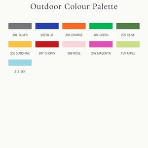 May include: A color palette chart titled MONO&LITH STUDIO Outdoor Colour Palette, displaying eleven rectangular color swatches labeled 201 Silver, 202 Blue, 203 Orange, 204 Green, 205 Olive, 206 Sunshine, 207 Cherry, 208 Rose, 209 Magenta, 210 Apple, and 211 Sky.
