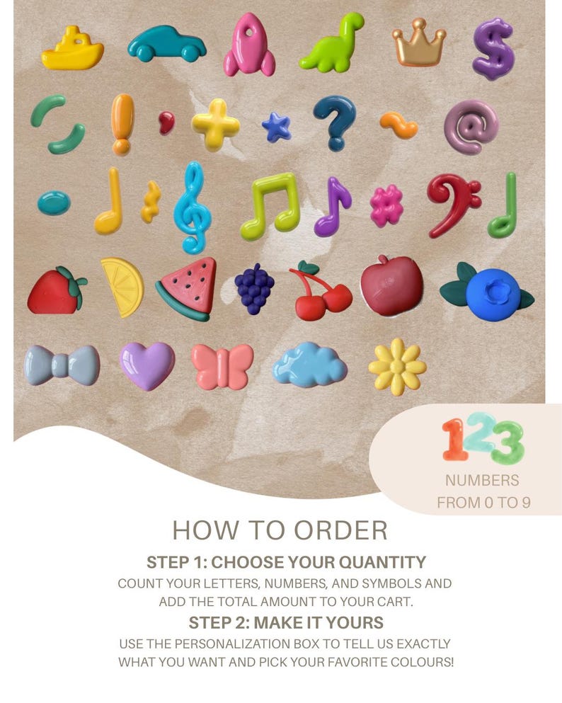 May include: A collection of small, colorful, three-dimensional charms in various shapes including vehicles, animals, musical notes, fruits, symbols, and punctuation marks. The text reads: HOW TO ORDER, STEP 1: CHOOSE YOUR QUANTITY, STEP 2: MAKE IT YOURS.