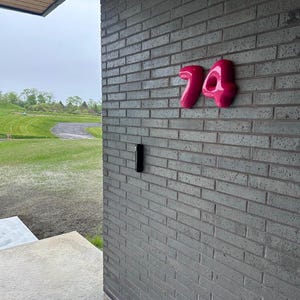 May include: A set of glossy, bright pink house numbers displaying the digits 74, mounted on a dark gray brick wall. The numbers have a rounded, three-dimensional appearance and are positioned to the right of a vertical black rectangular device.