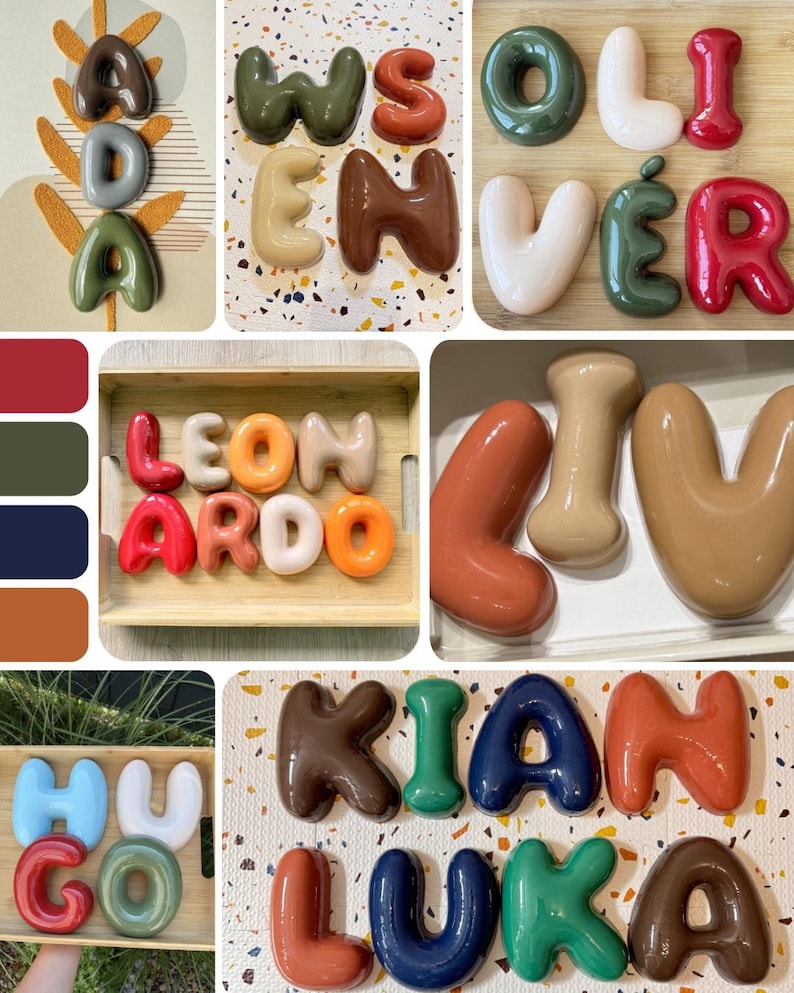 May include: A collection of glossy, three-dimensional balloon-style letters in various colors including red, green, blue, orange, brown, and white. These individual letters are arranged to spell names such as Ada, Wsloven, Oliver, Leonardo, Liv, Hugo, Kian, and Luka.