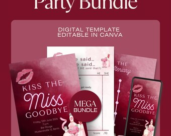 Kiss the Miss Goodbye Bachelorette Bundle | Burgundy Weekend Itinerary & Party Games | Editable Canva Template | Cocktail Hen Party Set