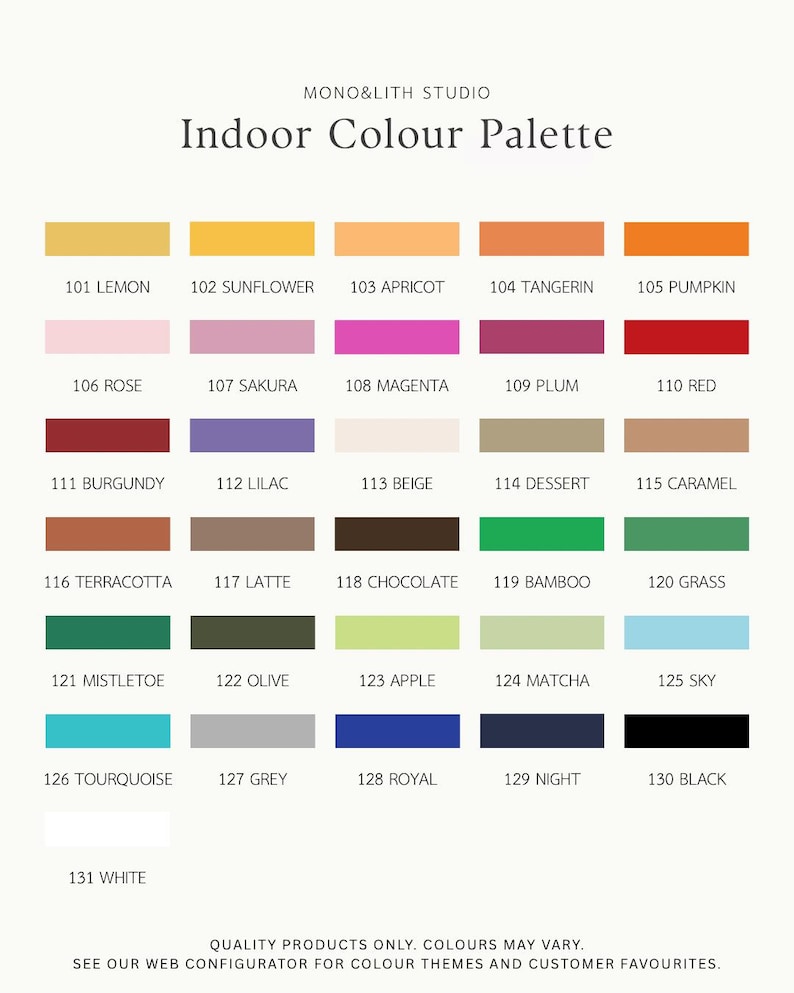 Może przedstawiać: Paleta kolor&oacute;w zatytułowana MONO&LITH STUDIO Indoor Colour Palette, zawierająca 31 prostokątnych pr&oacute;bek kolor&oacute;w oznaczonych numerami od 101 do 131 oraz odpowiednimi nazwami, takimi jak Lemon, Sunflower, Apricot, Tangerin, Pumpkin, Rose i White.