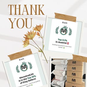 May include: A digital graphic featuring the text THANK YOU, two eRank achievement cards, and a stack of shipping packages. One card displays Top 0.1% in Austria, the other shows MonoAndLith is in the Top 16% of Etsy Sellers, with a floral illustration.