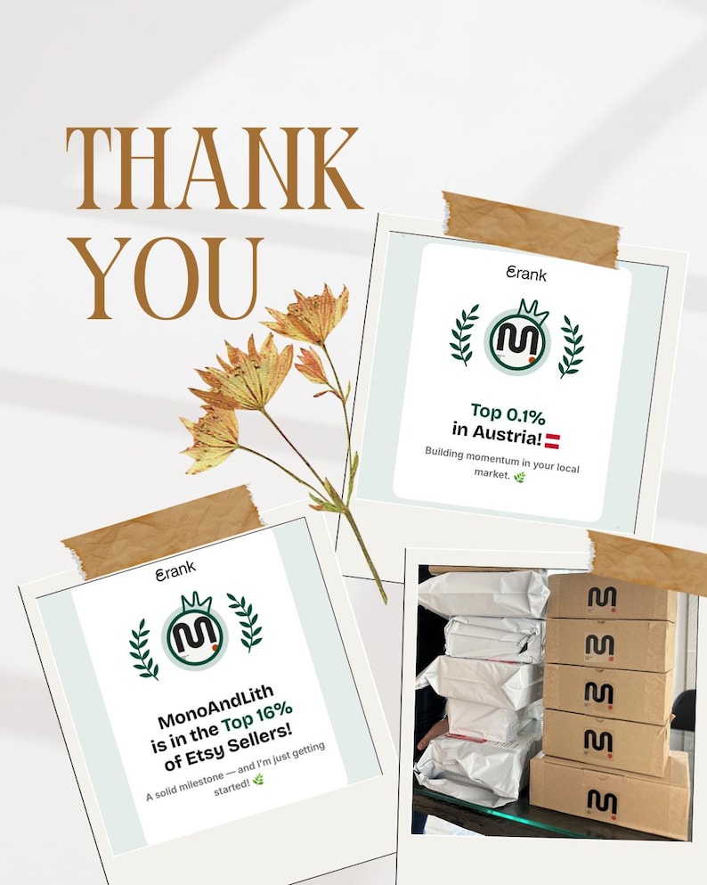May include: A digital graphic featuring the text THANK YOU, two eRank achievement cards, and a stack of shipping packages. One card displays Top 0.1% in Austria, the other shows MonoAndLith is in the Top 16% of Etsy Sellers, with a floral illustration.