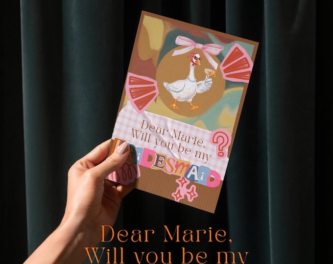 Featured listing image: Personalized Bridesmaid Proposal Card Goose, Will you be my Bridesmaid, Coquette Bow, Funny Maid of Honor Card, Retro Collage Digital