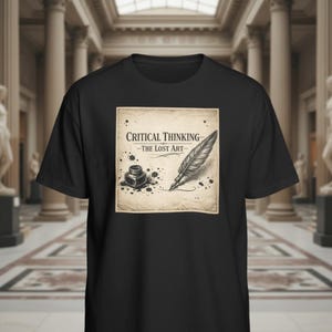 May include: Black t-shirt with a vintage design. The graphic reads "CRITICAL THINKING - THE LOST ART" and features a quill pen, inkwell, and ink splatters on a parchment-style background. The shirt has a crew neck.