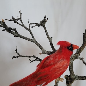 Op de afbeelding: Handgemaakte, rode kardinaalvogel figuur op een getextureerde, bruine tak. De vogel heeft een zwarte snavel en oog, met een toef veren op zijn kop. De achtergrond is zacht wit.