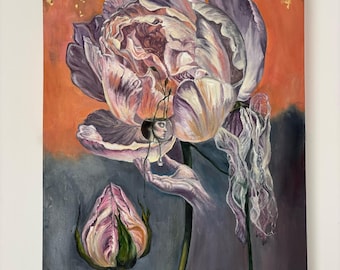 RESERVED-Do Not Purchase Surreal Oil Painting Cycles of Life, Floral Botanical Wall Art Gold Leaf