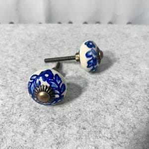 May include: Two round ceramic cabinet knobs featuring a white base with hand-painted blue floral and leaf patterns. Each knob has a central metallic bronze-toned decorative cap and a threaded metal bolt extending from the back.